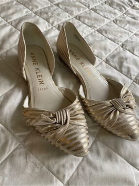 Anne Klein Metallic Gold and Cream Knotted D'Orsay Flats
